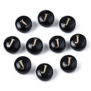 Handmade Lampwork Beads, with Golden Plated Brass Etched Metal Embellishments, Flat Round with Alphabet, Letter.J, 8x5mm, Hole: 0.8mm(LAMP-S196-001J)