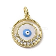 Brass Micro Pave Cubic Zirconia Pendants, with Enamel, with Jump Ring, Real 18K Gold Plated, Flat Round with Evil Eye, Deep Sky Blue, 17.5x15x3mm, Hole: 3.8mm(KK-E092-16G-01)