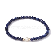 Natural Lapis Lazuli Rondelle & Pearl Beaded Stretch Bracelets, Inner Diameter: 2-1/4 inch(5.8cm)(BJEW-JB09918-07)