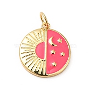 Rack Plating Brass Enamel Pendants, with Jump Ring, Cadmium Free & Nickel Free & Lead Free, Real 18K Gold Plated, Flat Round with Moon & Star & Sun, Cerise, 17x15x2.5mm, Hole: 3.6mm(KK-H431-29G)