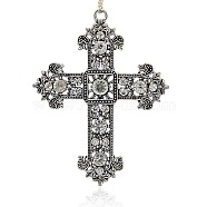 Antique Silver Plated Alloy Rhinestone Cross Pendants, Budded Cross, Crystal, 85x67x6mm, Hole: 4mm(RB-J205-01AS)