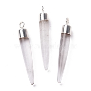 Natural Quartz Crystal Brass Pendants, Rock Crystal, Cadmium Free & Lead Free, Bullet Shaped, Silver Color Plated, 33~37x4~5mm, Hole: 2mm(G-B025-02P-04)