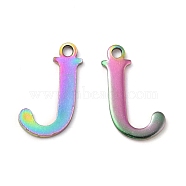 Ion Plating(IP) 304 Stainless Steel Alphabet Charms, Rainbow Color, Letter.J, 12x7x1mm, Hole: 1mm(STAS-H122-J-M)