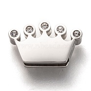 304 Stainless Steel Slide Charms, with Crystal Rhinestone, Crown, Stainless Steel Color, 13x8x3.5mm, Hole: 8x1.5mm(STAS-P270-03P)