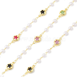 Brass Glass Link Chains, with Plastic Imitation Pearl Beads & Spool, Unwelded, Round with Star, Golden, 4~12x4~6.5x3.5~4mm(CHS-P016-22G)