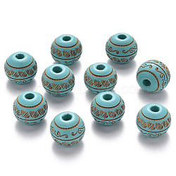 Painted Natural Wood Beads, Laser Engraved Pattern, Round with Leave Pattern, Dark Turquoise, 10x9mm, Hole: 2.5mm(X-WOOD-N006-02A-05)