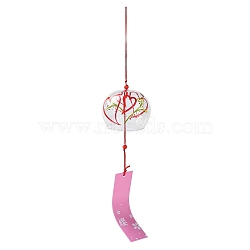 Glass Wind Chime, with Polyester Cord & Paper, Round with Heart, Clear, 410mm(HJEW-XCP0001-19)