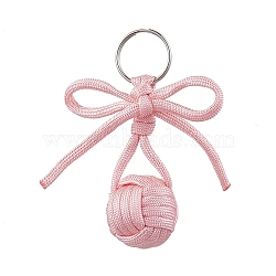 Polyester Braid Ball 304 Stainless Steel Keychains, Bowknot, Pink, 96mm(KEYC-JKC01117-01)