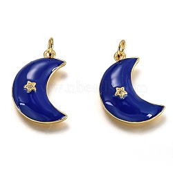 Brass Micro Pave Clear Cubic Zirconia Pendants, Long-Lasting Plated, with Jump Rings & Blue Enamel, Moon with Star, Real 18K Gold Plated, 21x14x4.1mm, Hole: 3.4mm(ZIRC-B0003-26G)