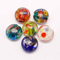 Handmade Gold Sand Lampwork Beads, with Millefiori Glass, Flat Round, Mixed Color, 20x10mm, Hole: 1.5mm(LAMP-S037-M)