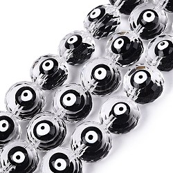 Glass Enamel Beads Strands, Flat Round with Evil Eye Pattern, Faceted, Black, 10x6~8mm, Hole: 1~1.2mm, about 35pcs/strand, 12.99~13.39 inch(33~34cm)(GLAA-Q112-01A-01)