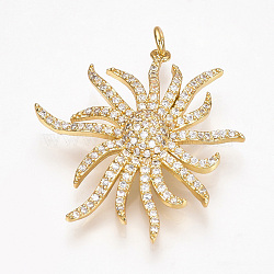 Brass Micro Pave Cubic Zirconia Pendants, with Jump Rings, Flower, Golden, 32x30x6mm, Hole: 2.5mm(ZIRC-T004-21G)