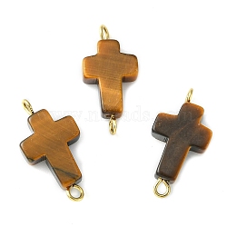 Natural Tiger Eye Connector Charms, with Golden Plated 304 Stainless Steel Double Loops, Cross Links, 20.5~21x10~11x4.5~5mm, Hole: 1.6mm and 1.8mm(PALLOY-JF02175)