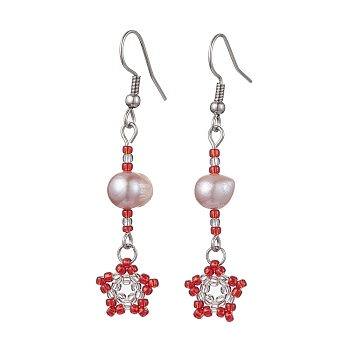 Natural Pearl Dangle Earrings, TOHO Seed Beaded Star Long Drop Earrings with 304 Stainless Steel Pins, FireBrick, 54x12mm