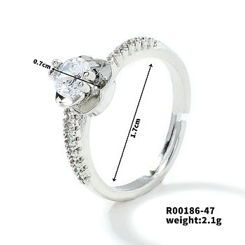 Fashionable Unisex Brass Micro Pave Clear Cubic Zirconia Adjustable Rings, Platinum, Inner Diameter: 17mm