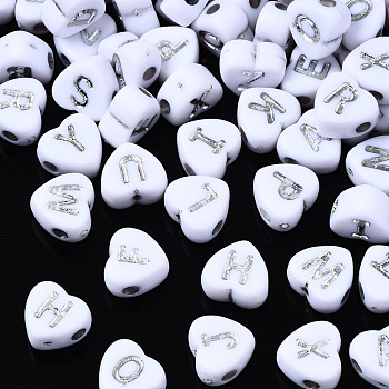 Opaque White Acrylic Beads, Heart with Silver Random Letters, Random Mixed Letters, 6.5x7x4mm, Hole: 1.6mm, about 3450pcs/500g