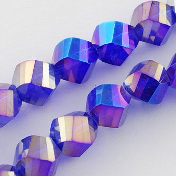 Electroplate Glass Beads Strands, AB Color Plated, Faceted, Twist, Medium Blue, 8x8x8mm, Hole: 1mm