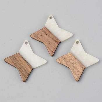 Opaque Resin & Walnut Wood Pendants, Star, Floral White, 29.5x29.5x3mm, Hole: 2mm