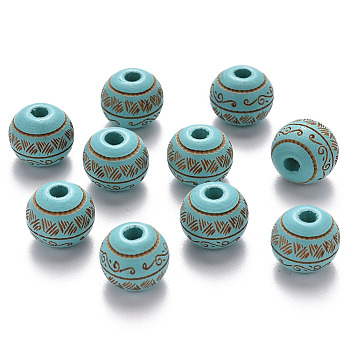 Painted Natural Wood Beads, Laser Engraved Pattern, Round with Leave Pattern, Dark Turquoise, 10x9mm, Hole: 2.5mm