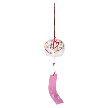 Glass Wind Chime, with Polyester Cord & Paper, Round with Heart, Clear, 410mm