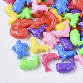 Polystyrene(PS) Plastic Beads, Mixed Sea Creatures Shape, Mixed Color, 17~24x21~27x9~10mm, Hole: 3.5~4mm