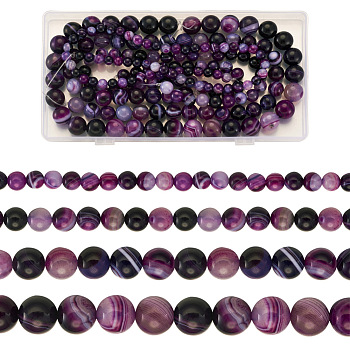 4 Strands 4 Style Natural Striped Agate/Banded Agate Bead Strands, Round, Dyed & Heated, Grade A, Purple, 1strand/style