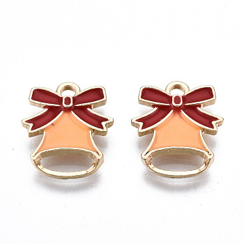Light Gold Plated Alloy Enamel Pendants, Cadmium Free & Lead Free, for Christmas, Bell, Orange, 16x14x2.5mm, Hole: 2mm