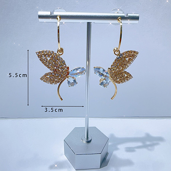 Fashionable luxury Clear Cubic Zirconia & Rhinestone Butterfly Stud Earrings, with Pearl, Golden, 55x35mm