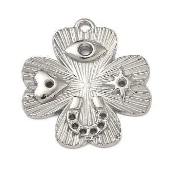 304 Stainless Steel Pendants, Four Leaf Clover with Heart Eye Star Chain Charm, Stainless Steel Color, 32x30x3mm, Hole: 2.5x2mm