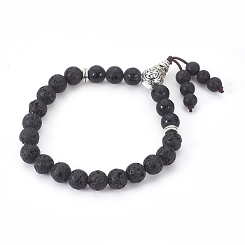 Natural Lava Rock and Agate Stretch Bracelets, Om Mani Padme Hum, with Metal Findings and Burlap Packing, Round, 2-1/8 inch(5.4cm)
