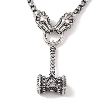 304 Stainless Steel Tiger Head King Box Chain Viking Mjolnir Thor Hammer Pendant Necklaces for Men, Antique Silver, 24.21 inch(61.5cm)