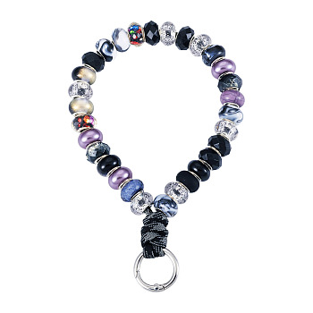 Resin Rondelle Bead with Polyester & Spandex Cord Phone Hand Strap Chains, with Alloy Spring Gate Rings, Platinum, Black, 180mm