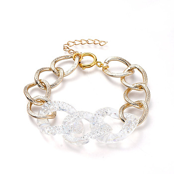 Aluminum Curb Chain Bracelets, with Transparent Acrylic Linking Rings Rhinestone Settings and Brass Spring Ring Clasps, Light Gold, 7-1/2 inch(19cm)