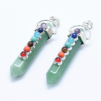 Chakra Jewelry, Natural Green Aventurine Double Terminated Pointed Pendants, with Natural & Synthetic Mixed Stone Alloy Findings, Bullet, Platinum, 58~61x16.5~18x15.5~16mm, Hole: 4.5x7.5mm