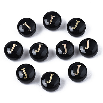 Handmade Lampwork Beads, with Golden Plated Brass Etched Metal Embellishments, Flat Round with Alphabet, Letter.J, 8x5mm, Hole: 0.8mm