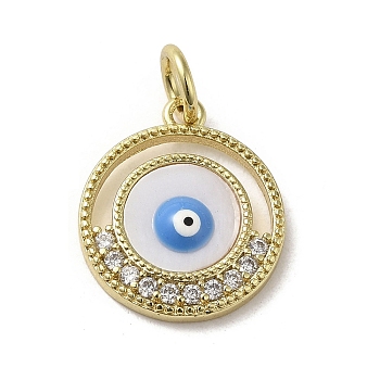Brass Micro Pave Cubic Zirconia Pendants, with Enamel, with Jump Ring, Real 18K Gold Plated, Flat Round with Evil Eye, Deep Sky Blue, 17.5x15x3mm, Hole: 3.8mm
