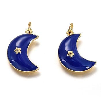 Brass Micro Pave Clear Cubic Zirconia Pendants, Long-Lasting Plated, with Jump Rings & Blue Enamel, Moon with Star, Real 18K Gold Plated, 21x14x4.1mm, Hole: 3.4mm