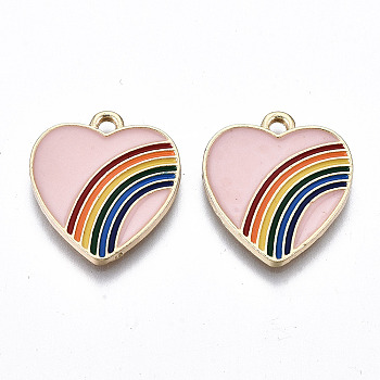 Light Gold Plated Alloy Pendants, with Enamel, Cadmium Free & Lead Free, Heart, Pink, 20x18x1.5mm, Hole: 1.8mm