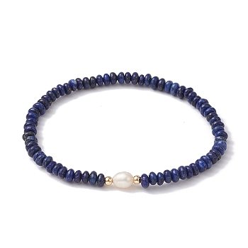 Natural Lapis Lazuli Rondelle & Pearl Beaded Stretch Bracelets, Inner Diameter: 2-1/4 inch(5.8cm)