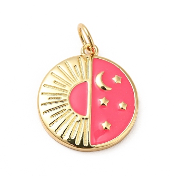 Rack Plating Brass Enamel Pendants, with Jump Ring, Cadmium Free & Nickel Free & Lead Free, Real 18K Gold Plated, Flat Round with Moon & Star & Sun, Cerise, 17x15x2.5mm, Hole: 3.6mm