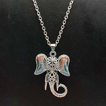 Alloy Pave Glass Cable Chain Black-eyed Elephant Pendant Necklaces for Women, Platinum