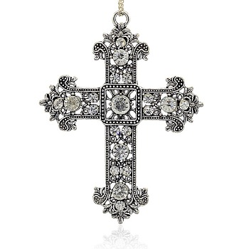 Antique Silver Plated Alloy Rhinestone Cross Pendants, Budded Cross, Crystal, 85x67x6mm, Hole: 4mm