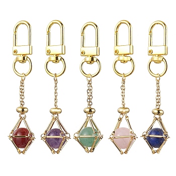 304 Stainless Steel Chain Pouch Natural Gemstone Pendant Decorations, with Alloy Swivel Clasps, Golden, 77mm