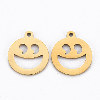 Ion Plating(IP) 201 Stainless Steel Pendants, Cut, Flat Round with Expression, Golden, 17.5x15x1mm, Hole: 1.5mm