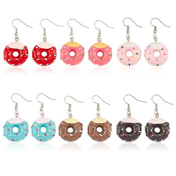 6 Pairs 6 Colors Resin Doughnut Dangle Earrings, Platinum Brass Jewelry for Women, Mixed Color, 41mm, Pin: 0.6mm, 1 pair/color
