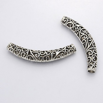 Tibetan Style Alloy Hollow Curved Tube Beads, Cadmium Free & Nickel Free & Lead Free, Antique Silver, 66x12x10mm, Hole: 5.5mm