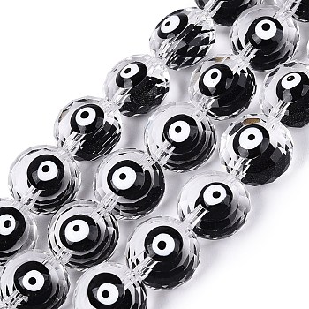 Glass Enamel Beads Strands, Flat Round with Evil Eye Pattern, Faceted, Black, 10x6~8mm, Hole: 1~1.2mm, about 35pcs/strand, 12.99~13.39 inch(33~34cm)
