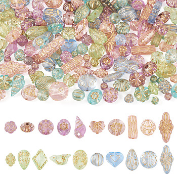 100G Transparent Acrylic Beads, Golden Metal Enlaced, Mixed Shapes, Mixed Color, 8~32mm, Hole: 1~4mm