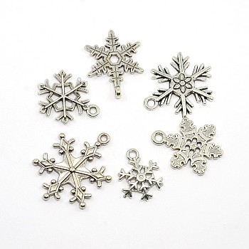Mixed Vintage Tibetan Style Alloy Snowflake Pendants, Cadmium Free & Lead Free, Antique Silver, 17~24x13~19x1.5~2mm, Hole: 2mm, 6pcs/set