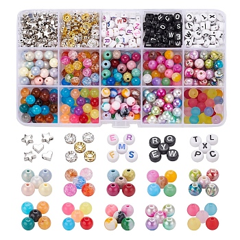 Round Acrylic Beads, Tibetan Style Alloy Beads, Brass Rhinestone Spacer Beads, Mixed Color, 7~8x7~8mm, Hole: 1.5~2mm, 590pcs